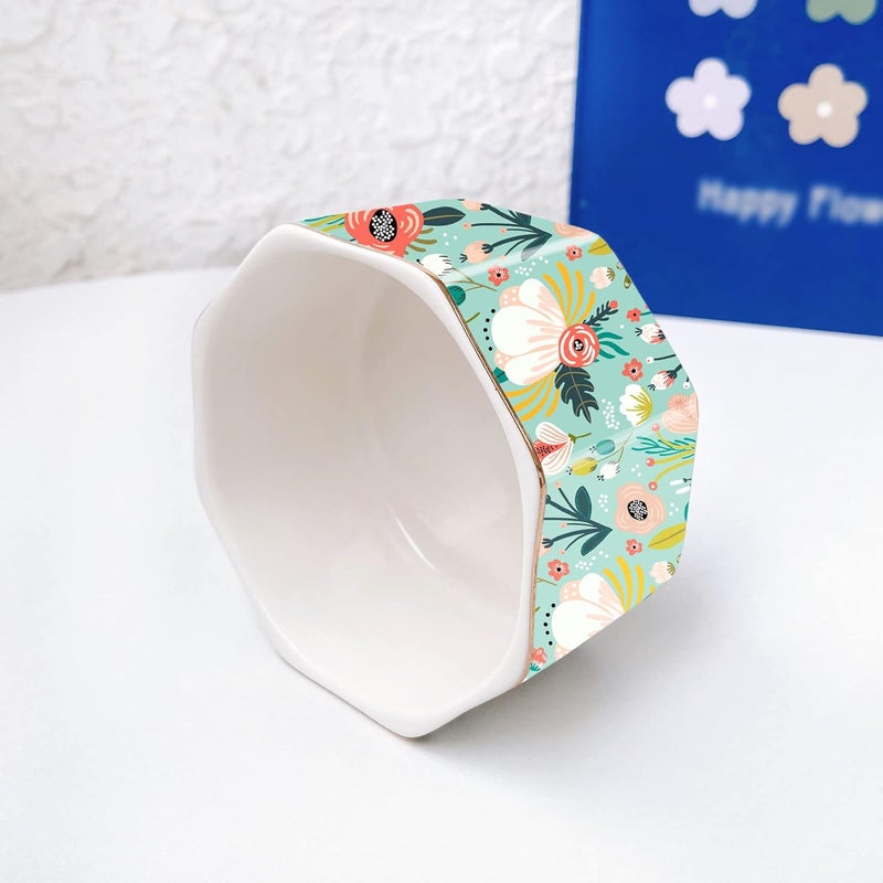 LEAZUL Ceramic Paper Clip Holder Gold Line Paper Clip Dispenser Organizer for Desk Cute Floral Pattern Office Binder Clip Holder Bobby Pin and Hair Clip Holder Gift for Office Mint Flowers - Image 3